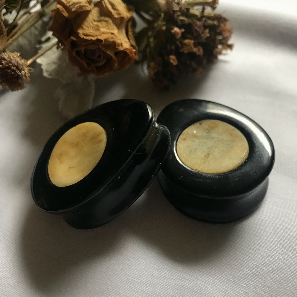 38mm Black Onyx Teardrop Plugs Human Bone Inlay